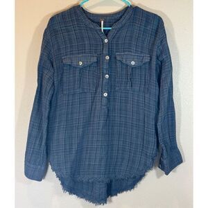 Free People Plaid “Talk to Me” Blue Gauze Popover Button Front Frayed Hem Shirt